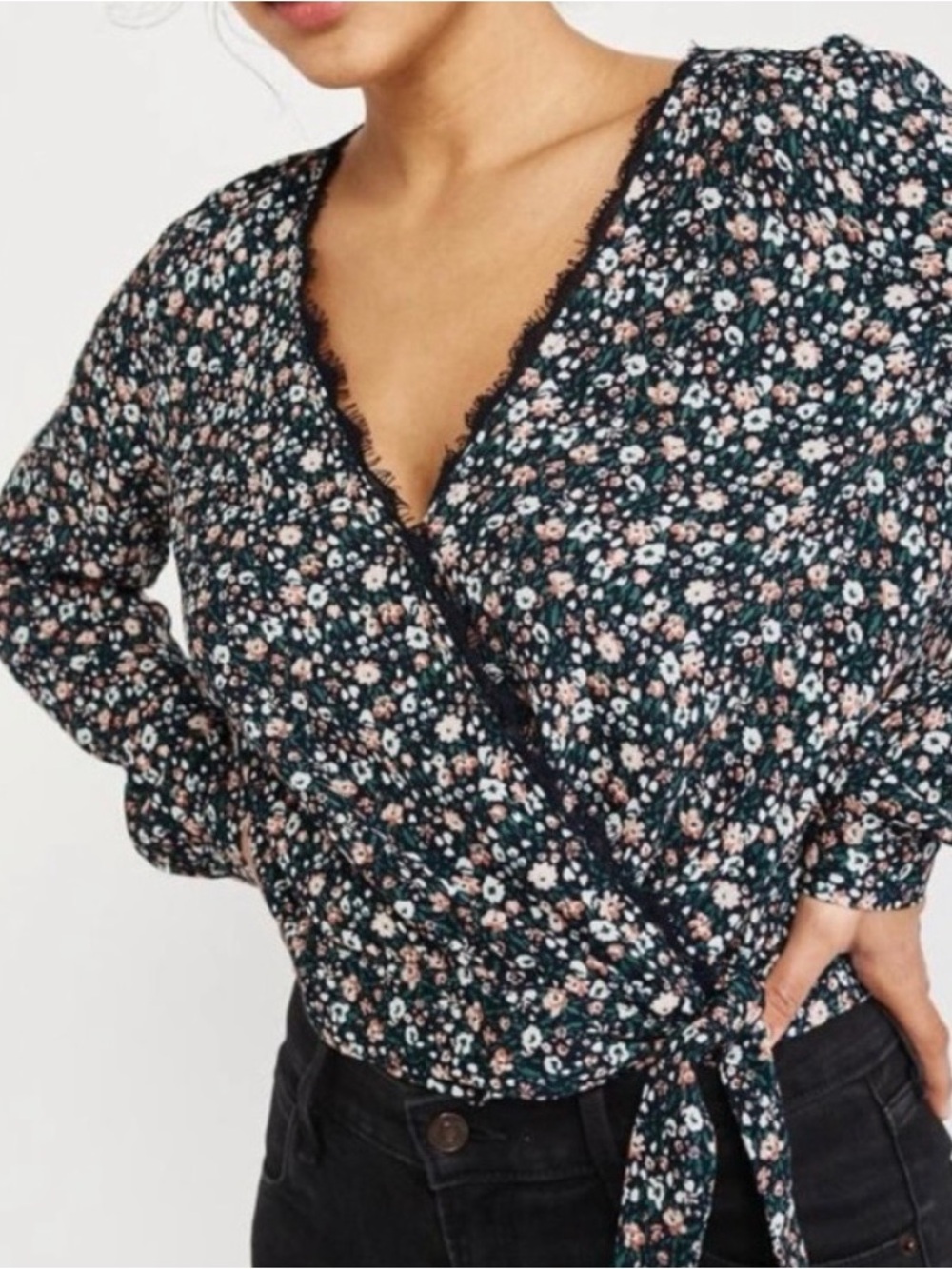 Abercrombie & Fitch Black Floral Wrap Blouse with Pink and White Blossoms